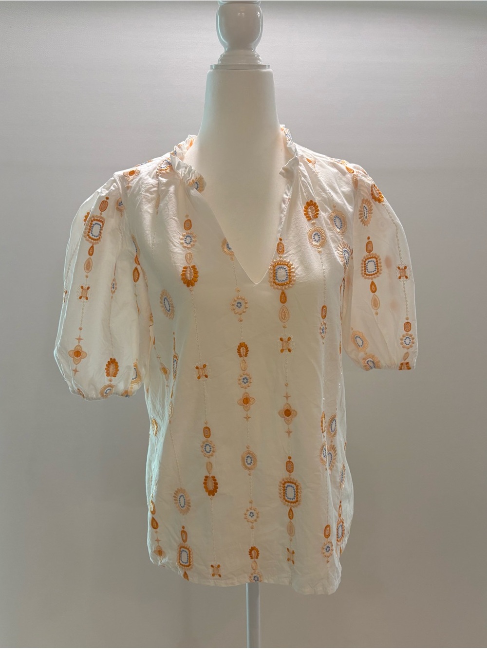 Embroidered Puff Sleeve V-Neck Top - White with Golden/Blue/ Yellow Motif